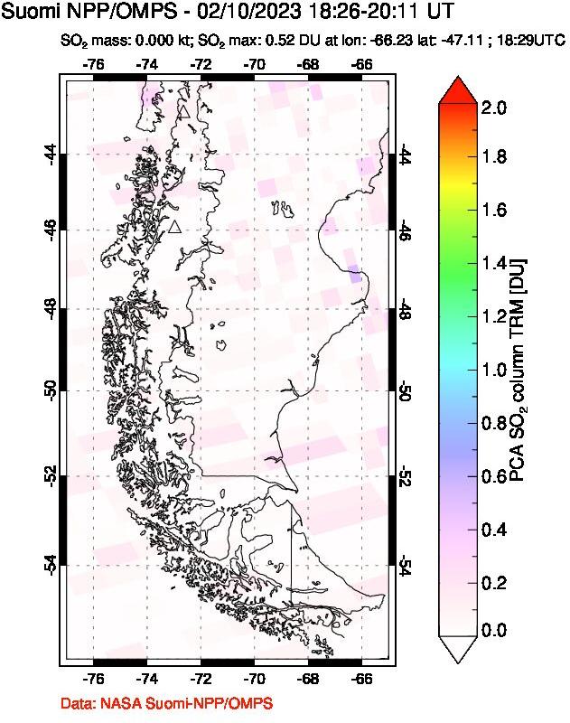 A sulfur dioxide image over Southern Chile on Feb 10, 2023.