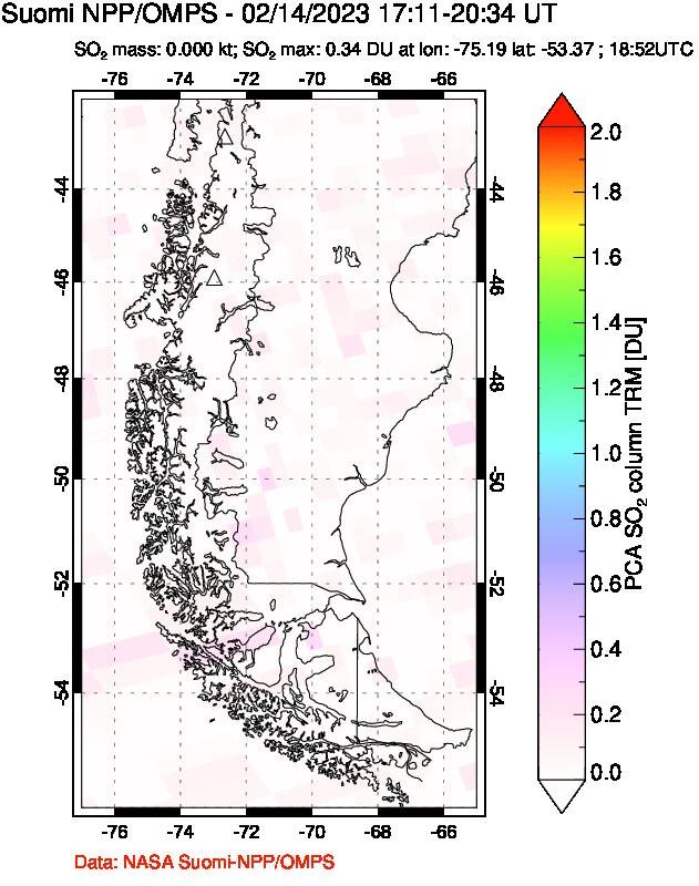 A sulfur dioxide image over Southern Chile on Feb 14, 2023.