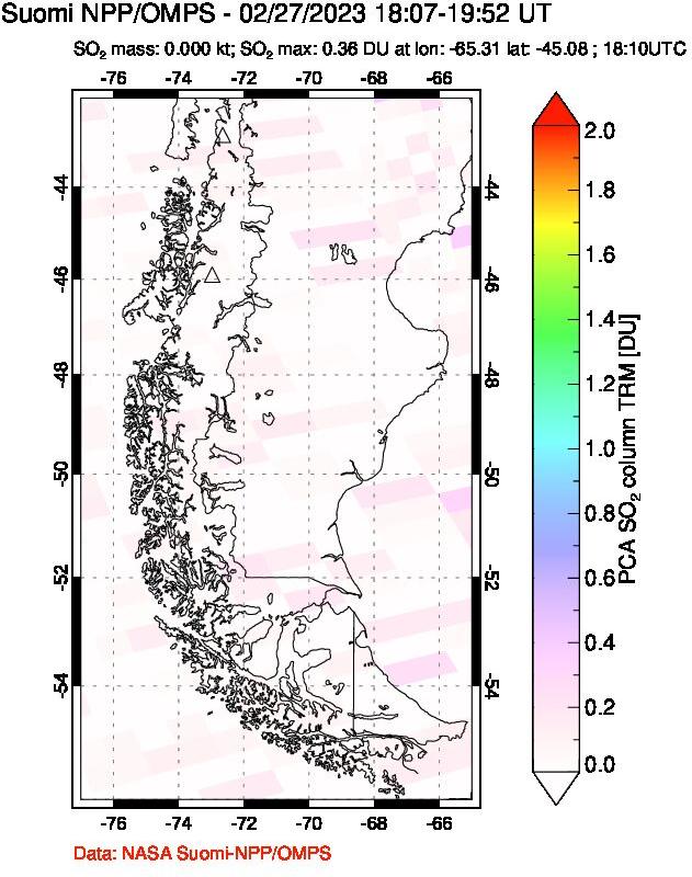 A sulfur dioxide image over Southern Chile on Feb 27, 2023.