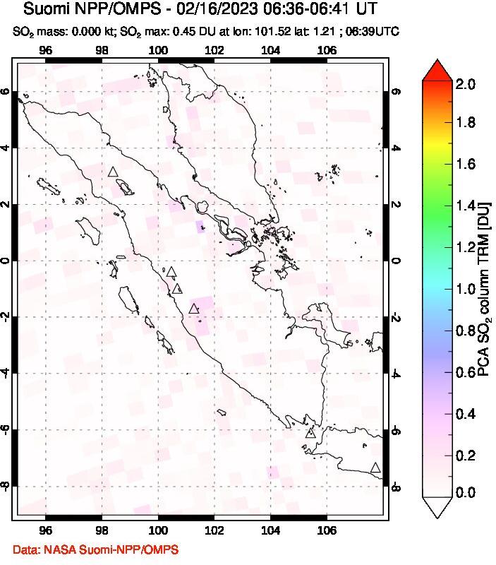 A sulfur dioxide image over Sumatra, Indonesia on Feb 16, 2023.