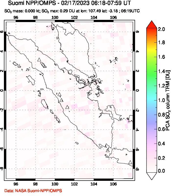 A sulfur dioxide image over Sumatra, Indonesia on Feb 17, 2023.
