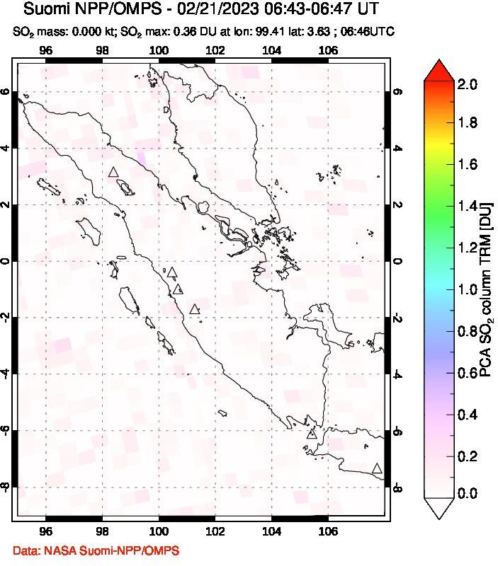 A sulfur dioxide image over Sumatra, Indonesia on Feb 21, 2023.