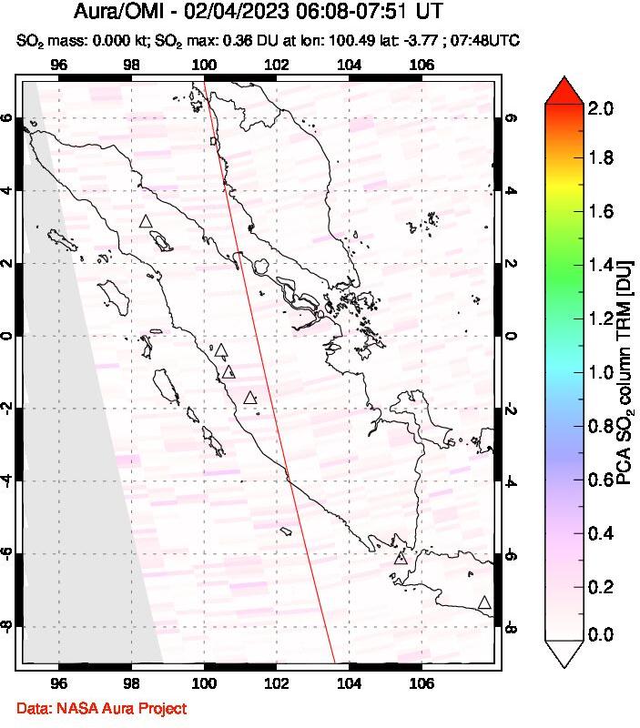 A sulfur dioxide image over Sumatra, Indonesia on Feb 04, 2023.