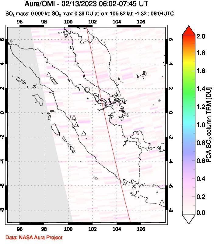 A sulfur dioxide image over Sumatra, Indonesia on Feb 13, 2023.