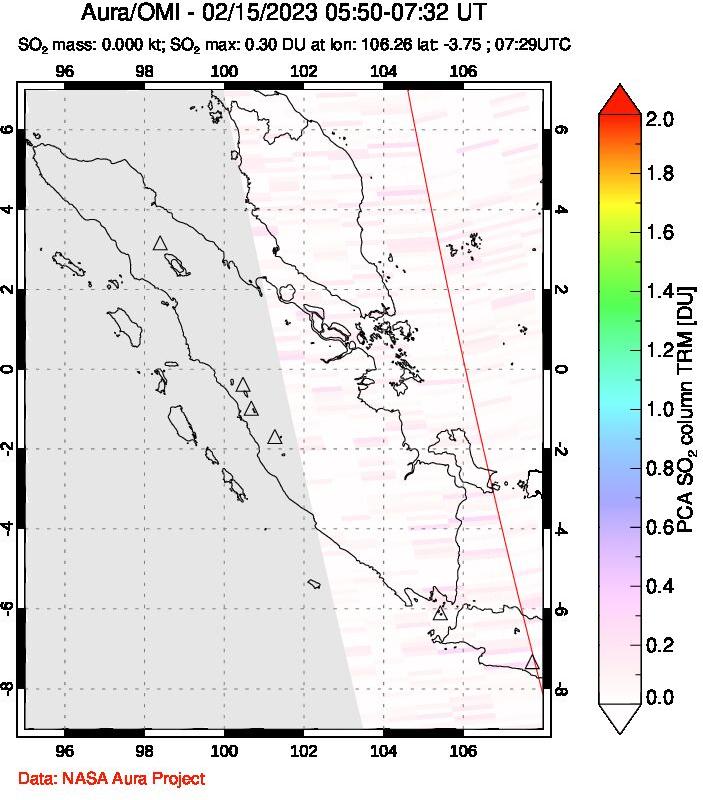 A sulfur dioxide image over Sumatra, Indonesia on Feb 15, 2023.