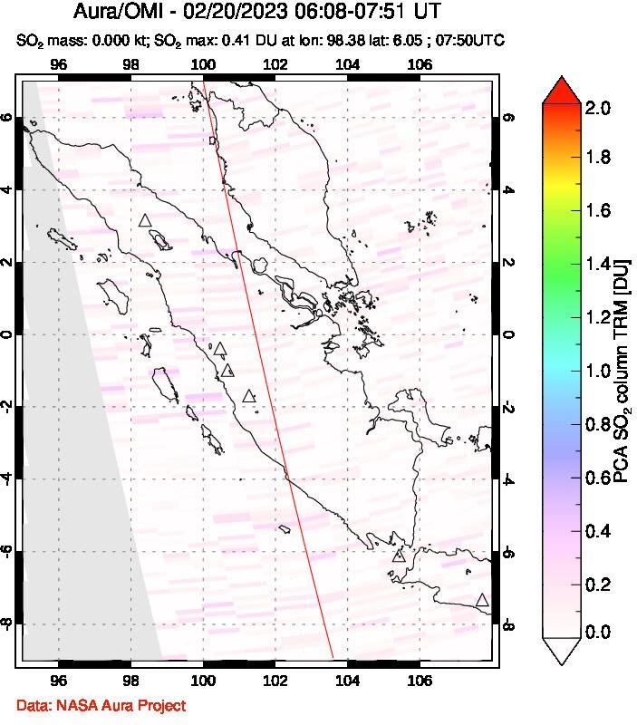 A sulfur dioxide image over Sumatra, Indonesia on Feb 20, 2023.