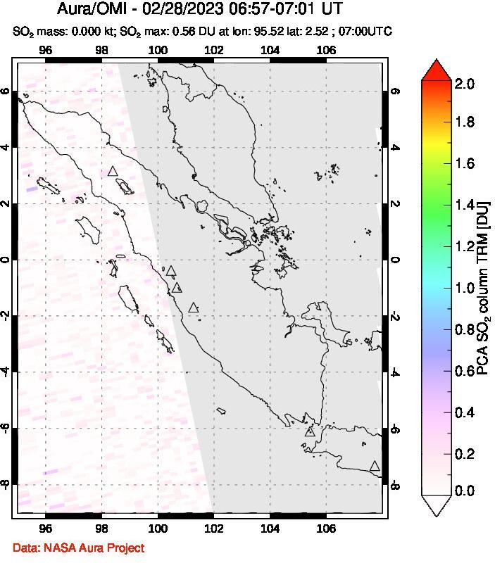 A sulfur dioxide image over Sumatra, Indonesia on Feb 28, 2023.