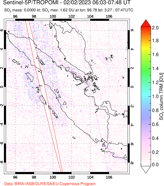 A sulfur dioxide image over Sumatra, Indonesia on Feb 02, 2023.