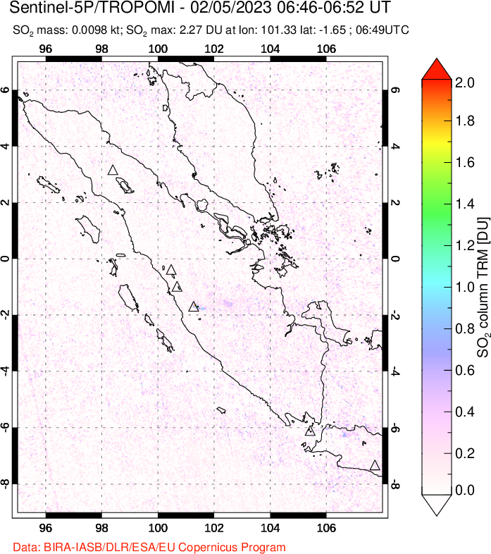 A sulfur dioxide image over Sumatra, Indonesia on Feb 05, 2023.