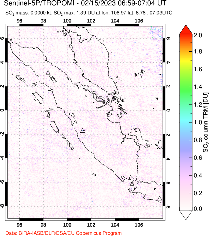 A sulfur dioxide image over Sumatra, Indonesia on Feb 15, 2023.