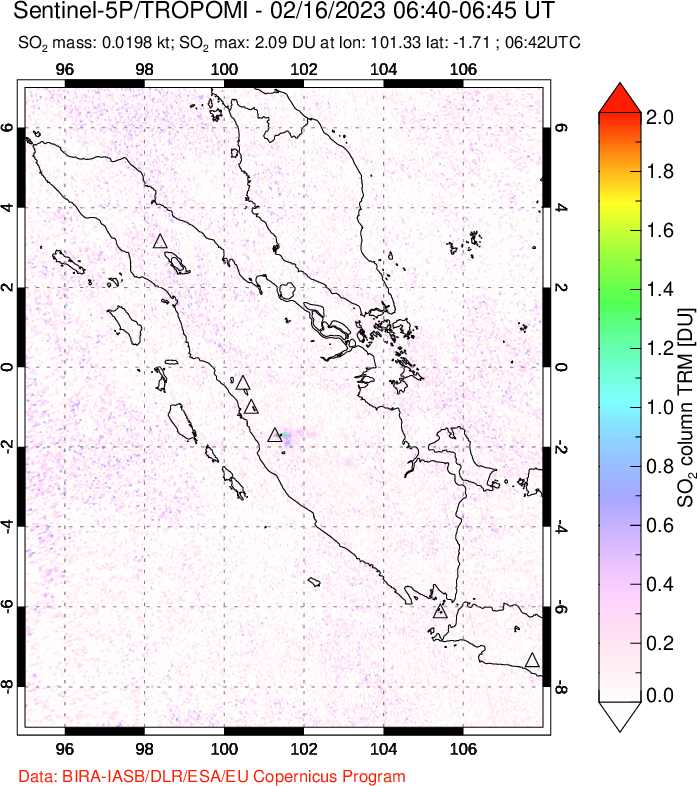 A sulfur dioxide image over Sumatra, Indonesia on Feb 16, 2023.