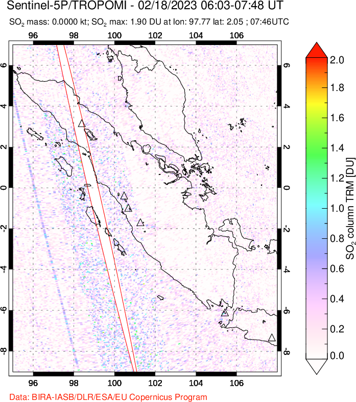 A sulfur dioxide image over Sumatra, Indonesia on Feb 18, 2023.