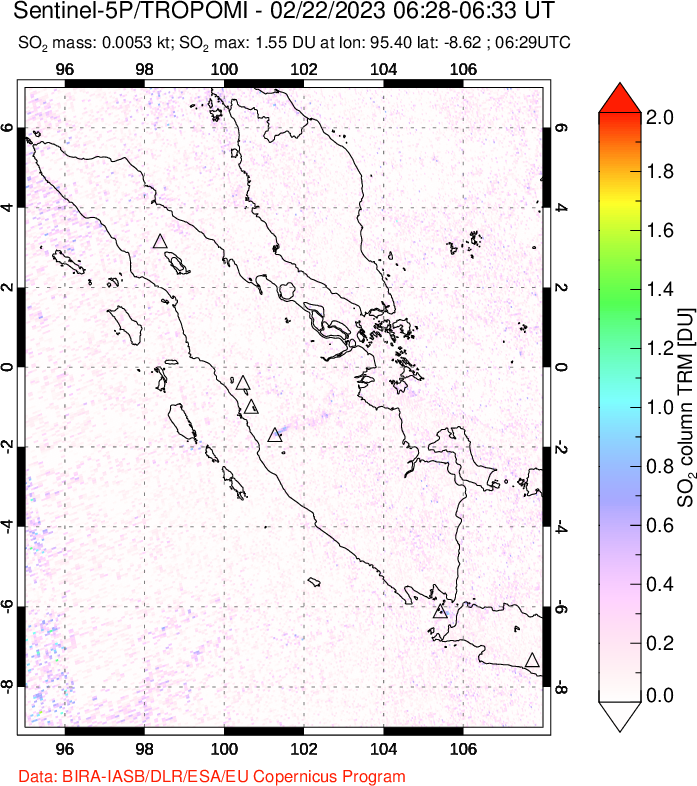 A sulfur dioxide image over Sumatra, Indonesia on Feb 22, 2023.