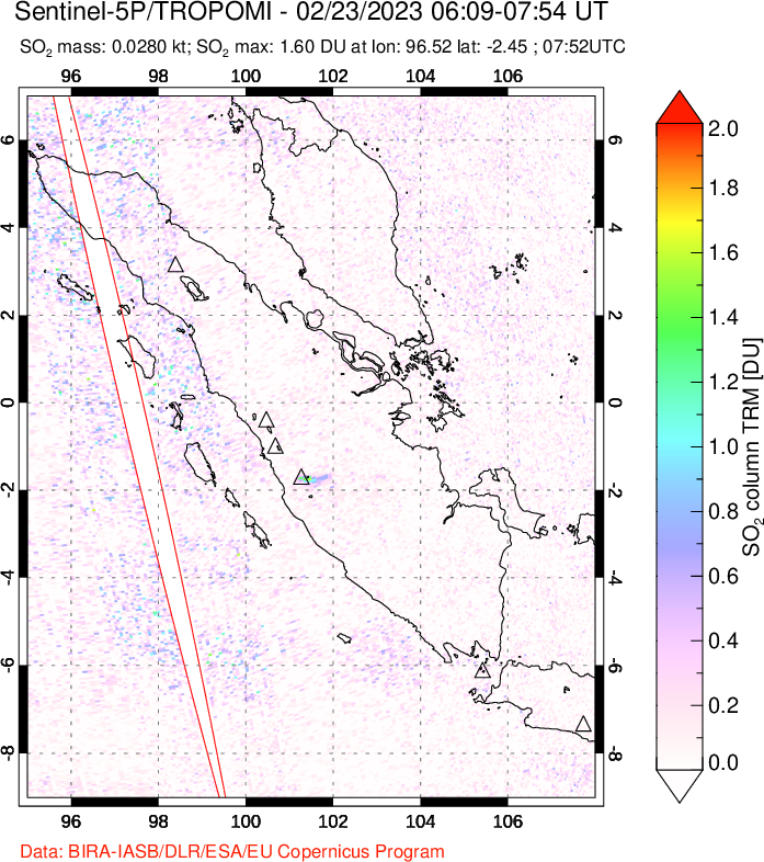 A sulfur dioxide image over Sumatra, Indonesia on Feb 23, 2023.
