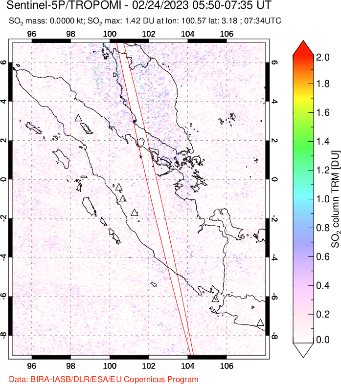 A sulfur dioxide image over Sumatra, Indonesia on Feb 24, 2023.