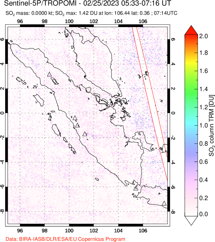A sulfur dioxide image over Sumatra, Indonesia on Feb 25, 2023.