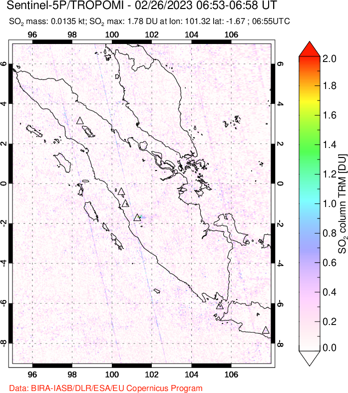 A sulfur dioxide image over Sumatra, Indonesia on Feb 26, 2023.