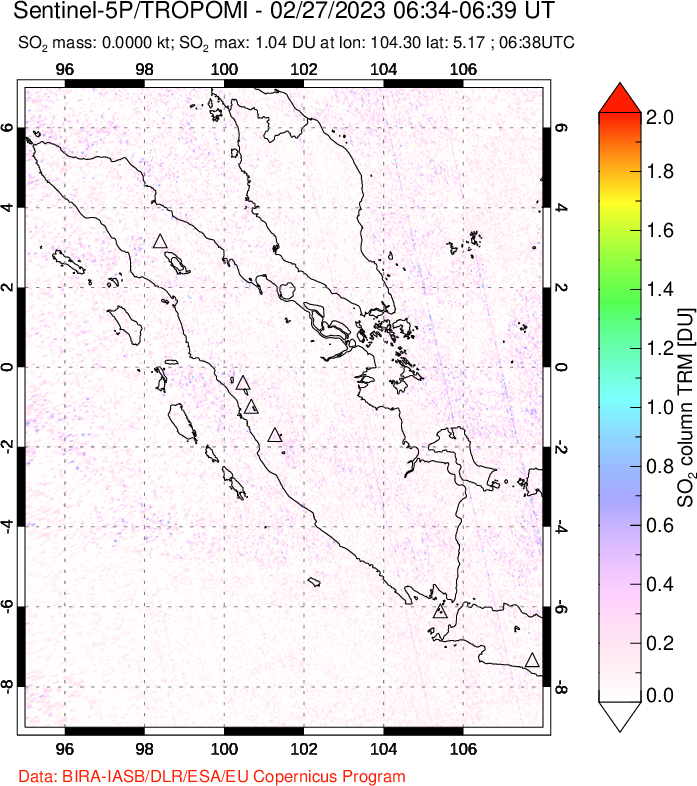 A sulfur dioxide image over Sumatra, Indonesia on Feb 27, 2023.