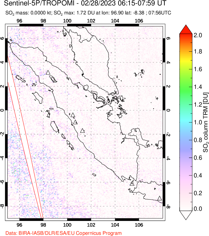A sulfur dioxide image over Sumatra, Indonesia on Feb 28, 2023.