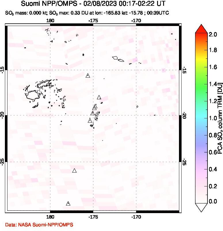 A sulfur dioxide image over Tonga, South Pacific on Feb 08, 2023.