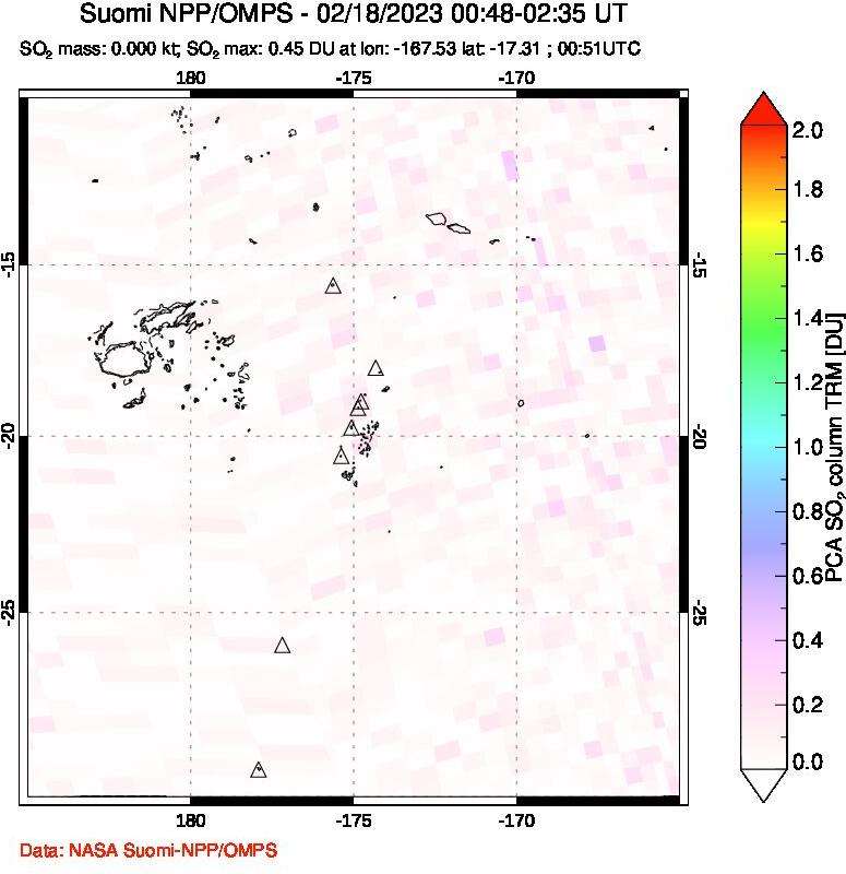 A sulfur dioxide image over Tonga, South Pacific on Feb 18, 2023.