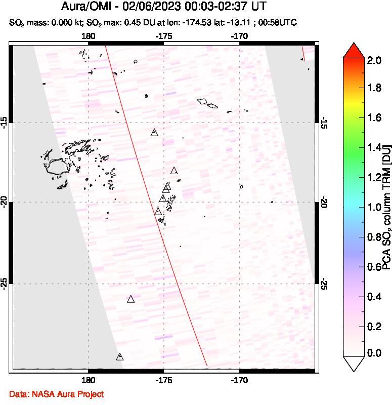 A sulfur dioxide image over Tonga, South Pacific on Feb 06, 2023.