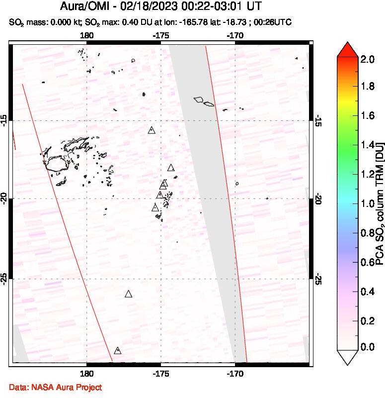 A sulfur dioxide image over Tonga, South Pacific on Feb 18, 2023.