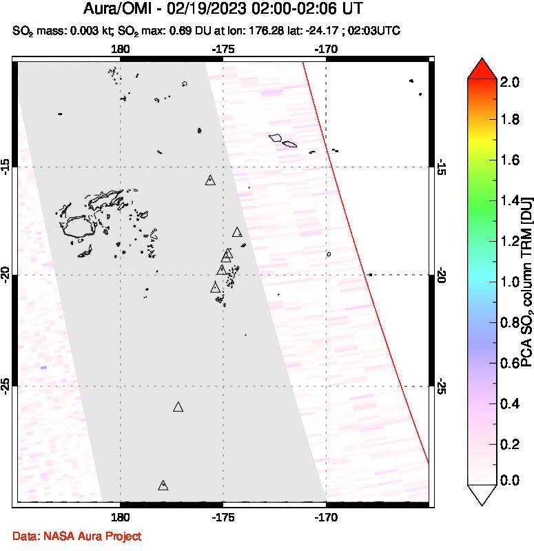 A sulfur dioxide image over Tonga, South Pacific on Feb 19, 2023.