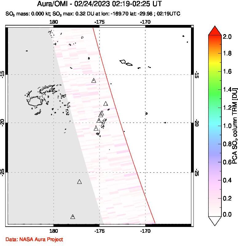 A sulfur dioxide image over Tonga, South Pacific on Feb 24, 2023.