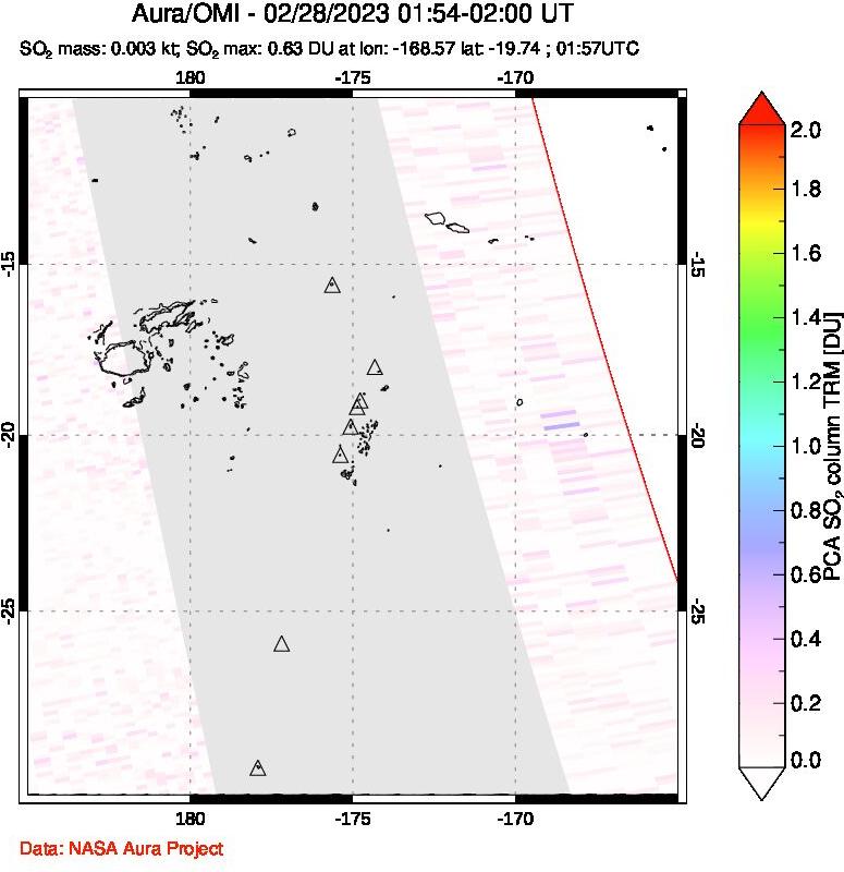 A sulfur dioxide image over Tonga, South Pacific on Feb 28, 2023.