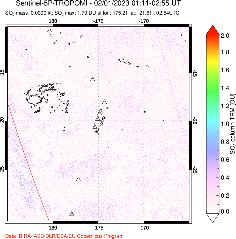 A sulfur dioxide image over Tonga, South Pacific on Feb 01, 2023.