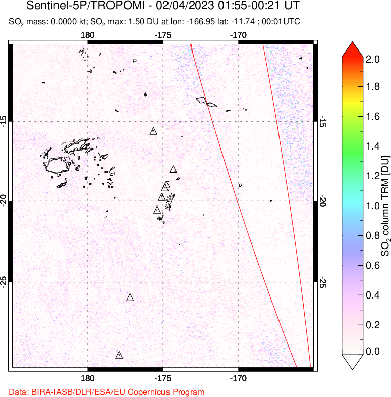 A sulfur dioxide image over Tonga, South Pacific on Feb 04, 2023.