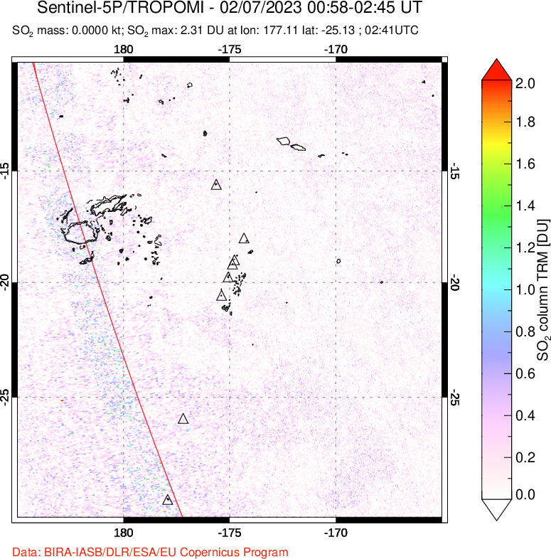 A sulfur dioxide image over Tonga, South Pacific on Feb 07, 2023.