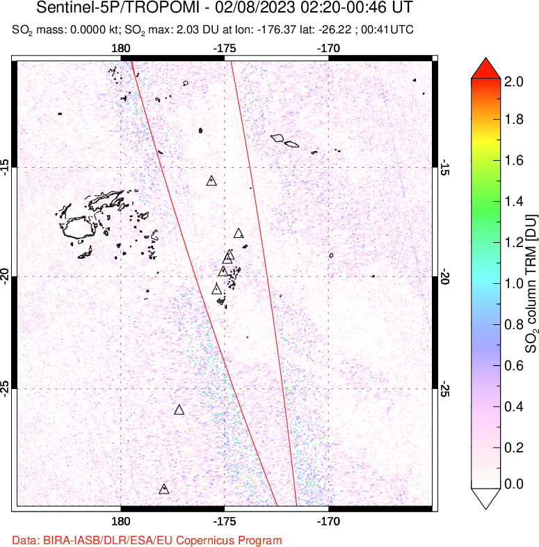 A sulfur dioxide image over Tonga, South Pacific on Feb 08, 2023.