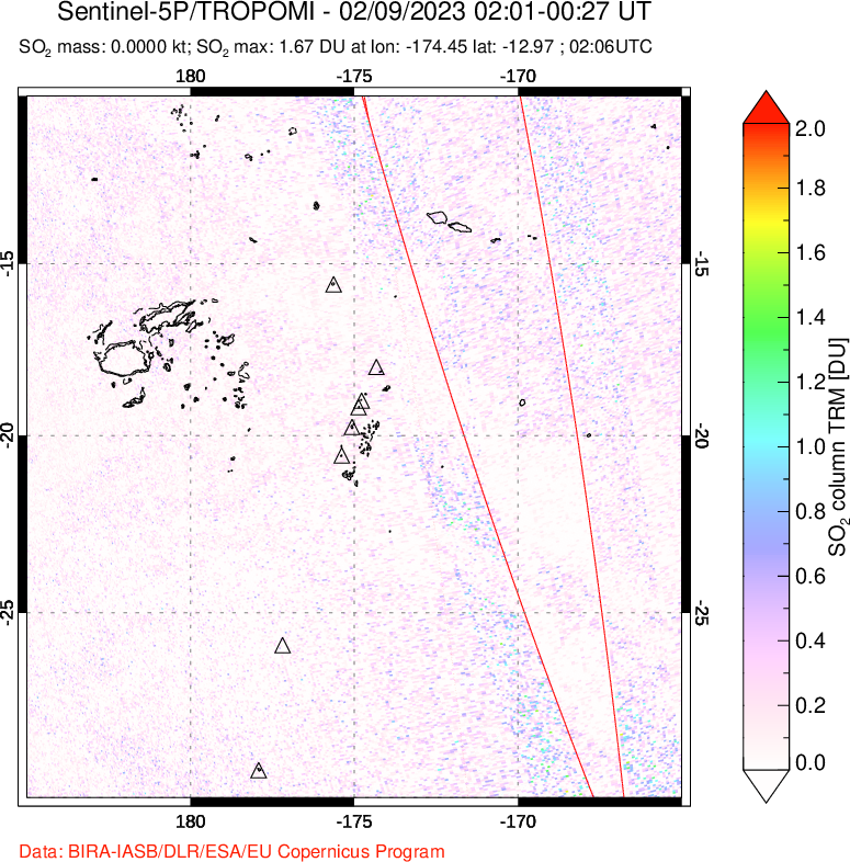 A sulfur dioxide image over Tonga, South Pacific on Feb 09, 2023.