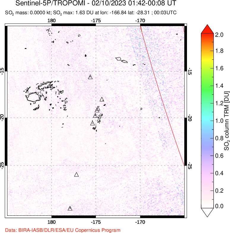 A sulfur dioxide image over Tonga, South Pacific on Feb 10, 2023.