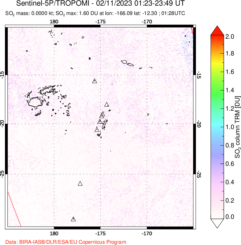 A sulfur dioxide image over Tonga, South Pacific on Feb 11, 2023.