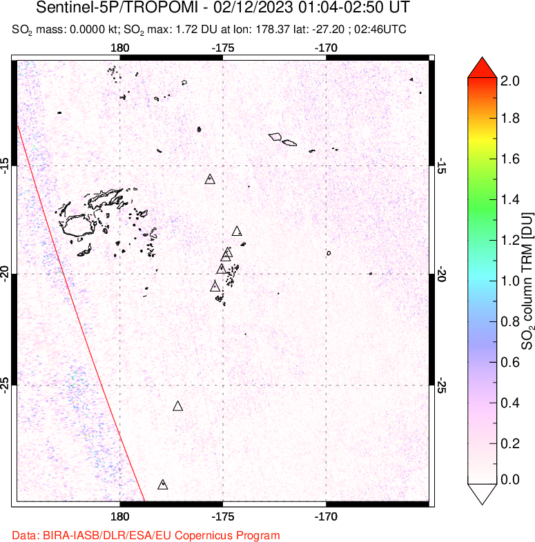 A sulfur dioxide image over Tonga, South Pacific on Feb 12, 2023.