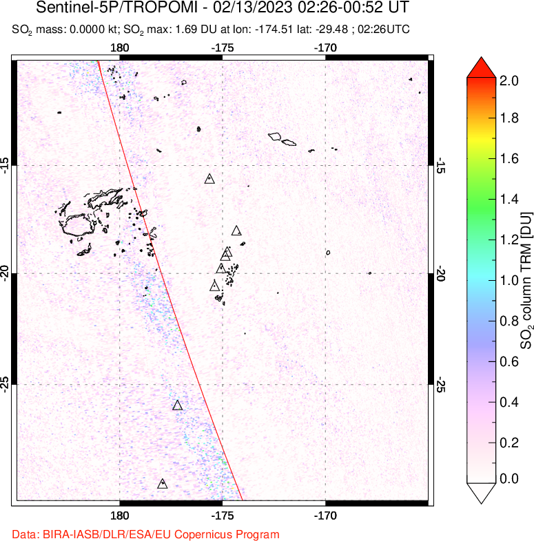 A sulfur dioxide image over Tonga, South Pacific on Feb 13, 2023.