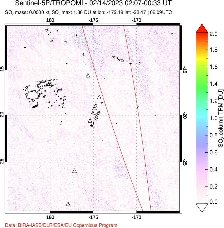 A sulfur dioxide image over Tonga, South Pacific on Feb 14, 2023.