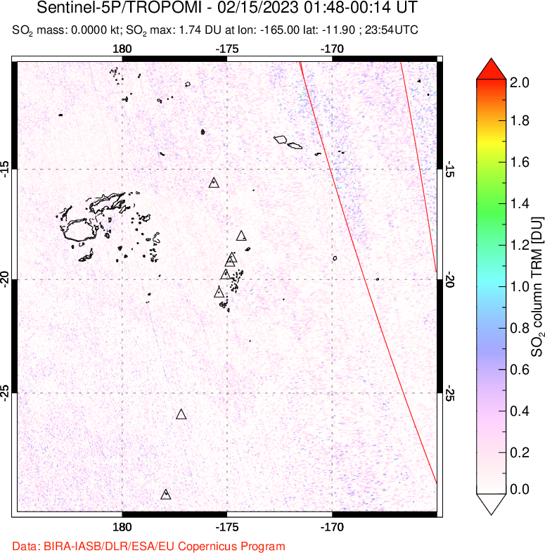 A sulfur dioxide image over Tonga, South Pacific on Feb 15, 2023.