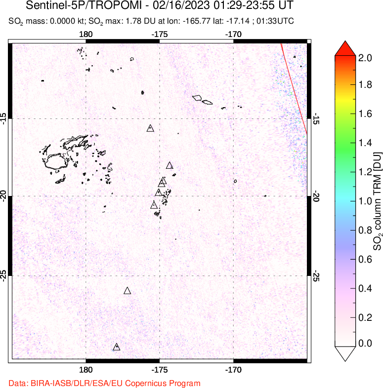 A sulfur dioxide image over Tonga, South Pacific on Feb 16, 2023.