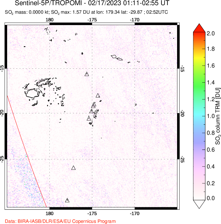 A sulfur dioxide image over Tonga, South Pacific on Feb 17, 2023.