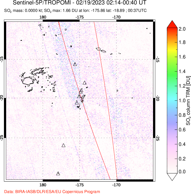 A sulfur dioxide image over Tonga, South Pacific on Feb 19, 2023.
