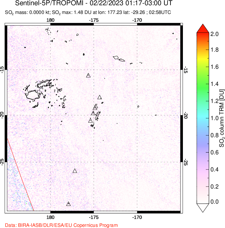 A sulfur dioxide image over Tonga, South Pacific on Feb 22, 2023.