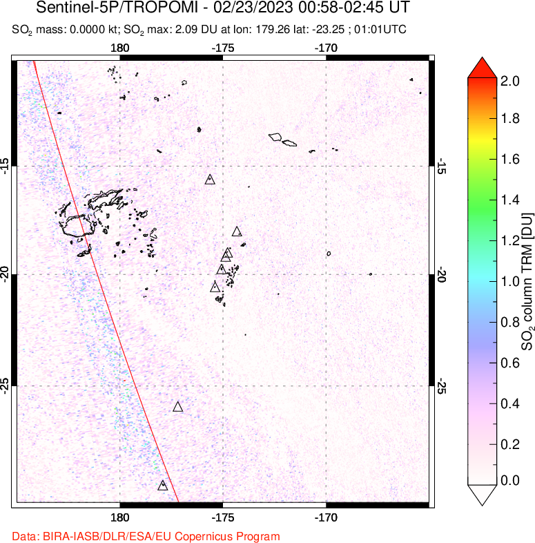 A sulfur dioxide image over Tonga, South Pacific on Feb 23, 2023.