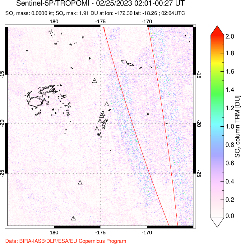 A sulfur dioxide image over Tonga, South Pacific on Feb 25, 2023.