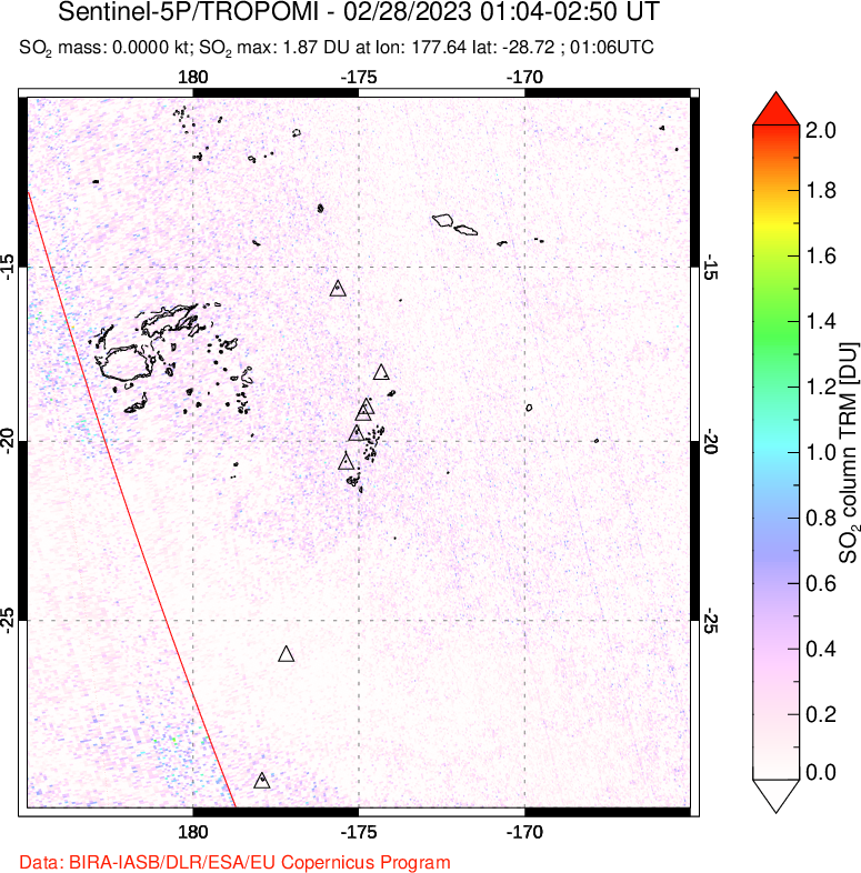 A sulfur dioxide image over Tonga, South Pacific on Feb 28, 2023.