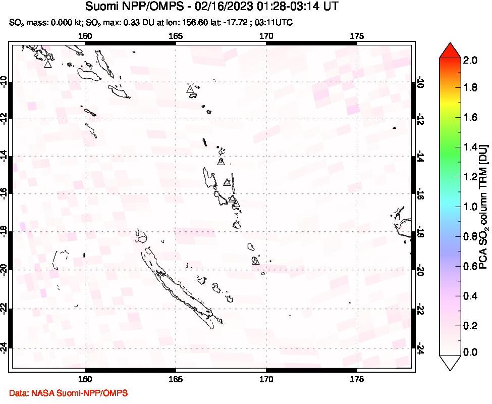 A sulfur dioxide image over Vanuatu, South Pacific on Feb 16, 2023.