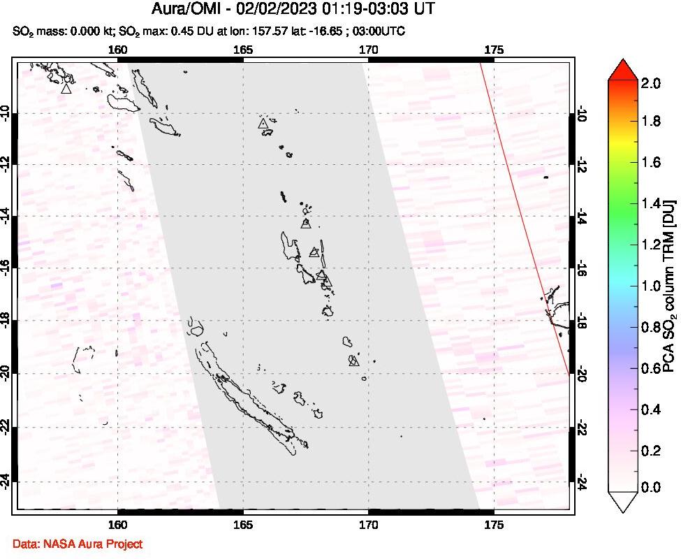 A sulfur dioxide image over Vanuatu, South Pacific on Feb 02, 2023.